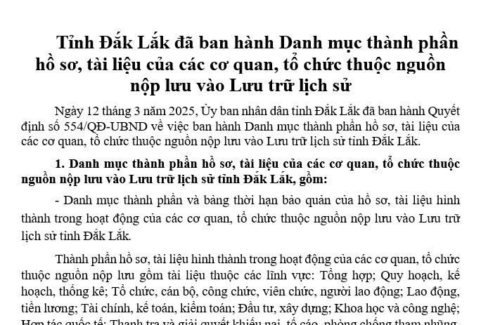 Danh mục thành phần hồ sơ, tài liệu của các cơ quan, tổ chức thuộc nguồn nộp lưu vào Lưu trữ lịch sử tỉnh Đắk Lắk