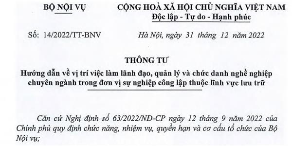 Thông tư số 14/2022/TT-BNV của Bộ Nội vụ: Hướng dẫn về vị trí việc làm lãnh đạo, quản lý và chức danh nghề nghiệp chuyên ngành trong đơn vị sự nghiệp công lập thuộc lĩnh vực lưu trữ