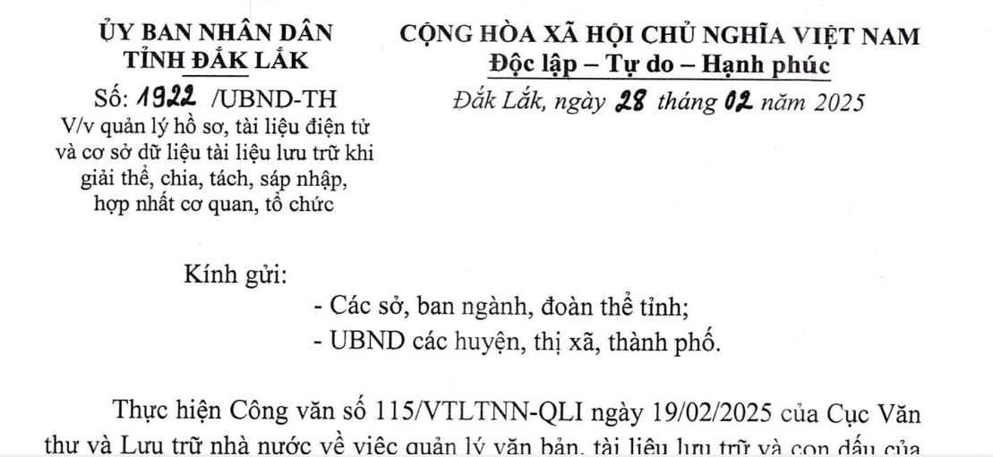 V/v quản lý hồ sơ, tài liệu điện tử và cơ sở dữ liệu tài liệu lưu trữ khi giải thể, chia, tách, sáp nhập, hợp nhất cơ quan, tổ chức