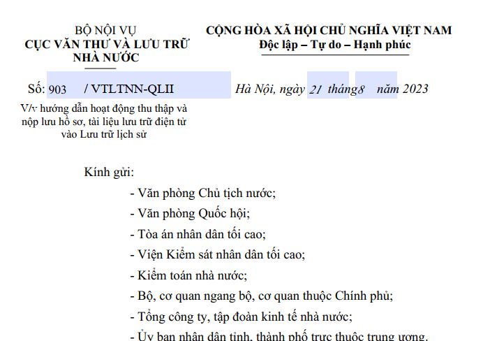 V/v hướng dẫn hoạt động thu thập và nộp lưu hồ sơ, tài liệu lưu trữ điện tử vào lưu trữ lịch sử